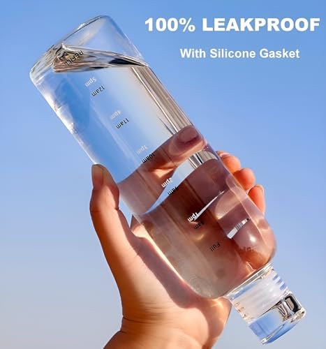 Image of Borosilicate Glass Water Bottles with Cap, Transparent Water Bottle 1 litre Glass Motivational Bottle with Time Marker Cute Glass Milk Juice Drinking Bottles for Women (Transparent 1000ml)
