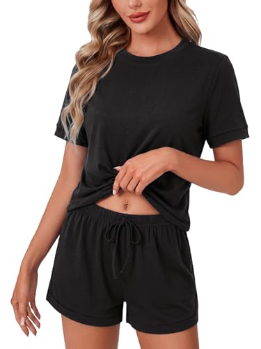 Image of LYANER Pajama Set for Women 2 Piece Lounge Set Striped Crew neck Short Sleeve Tops and Shorts Soft Sleepwear