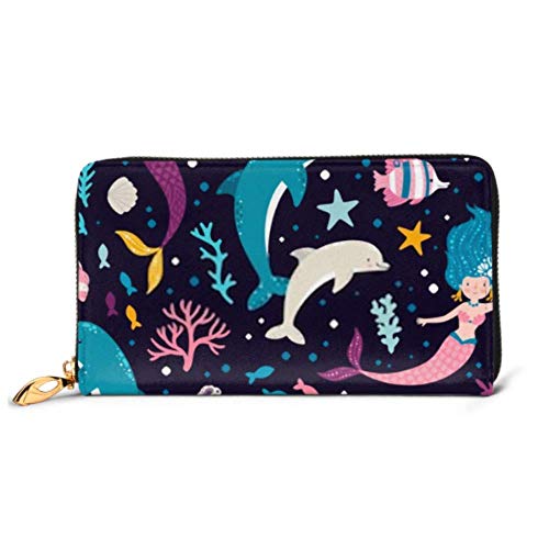 Preisvergleich Produktbild JHGFG Mode Handtasche Reißverschluss Brieftasche Vektor Nahtloses Muster Nette Meerjungfrauen Delfine Telefon Kupplung Geldbörse Abendkupplung Blockieren Leder Brieftasche Multi Card O.