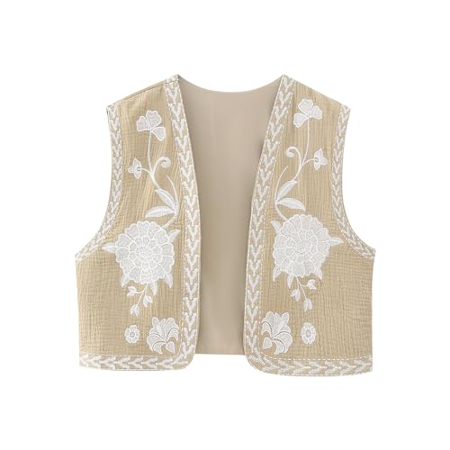Vintage Floral Embroidered Vest, Women Y2k Open Shirt Fashion Crochet Flower Cropped Waistcoat
