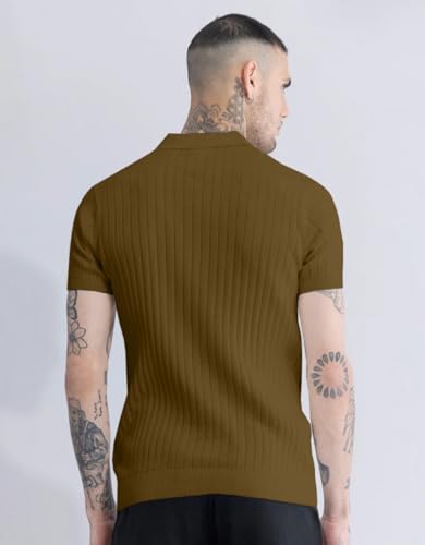 Image of Veirdo Men's Casual Ribbed Polo Collar Knit T-Shirt | Regular Fit Half Sleeve Polo for Men | Flat Knit Textured T-Shirt Perfect for Office, Party, Travel