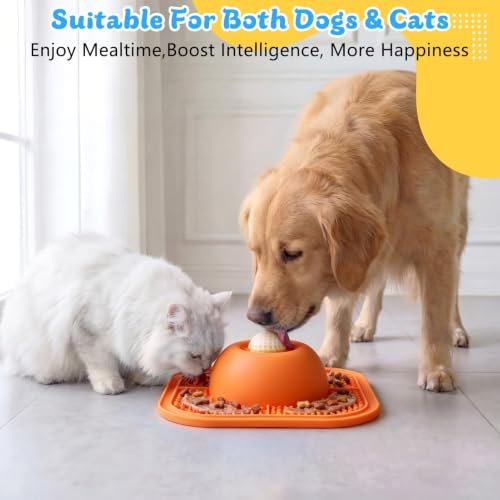 Image of Slow Feeder Dog Bowls & Lick Mat for Liquid and Thick Treat, Anti-Slip Dog Lick Bowl with Interactive Rolling Ball, 5 /6 Cup Pup Licking Toy for Large Medium Small Dogs and Cats Orange