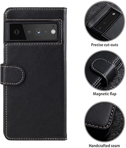 STILGUT Case Compatible with Google Pixel 6 Pro Case with Magnetic Clasp Genuine Leather Nappa Black, Black Nappa - Image 2