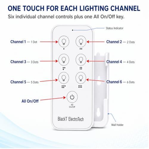 Image of BlackT ElectroTech Touch Wireless Remote Control Switch, 6 Channel 433.92 MHz RF Light Controller, 30 m Range, AC 85-265V Receiver | All On /Off Remote | BT166RT