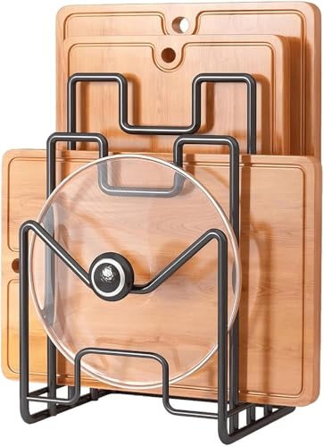 Gykutix Support Planche a Decouper avec 4 Compartiments, Support de Couvercle de Casserole Pour Stocker Des Couvercles En Pot Et Des Pelles De Planche à...