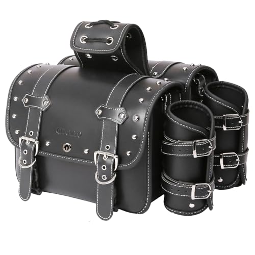QJBOMTO High-density Leather Motorcycle Saddlebags- Throw Over Saddle bags,Panniers Side Bags with cup holder,Waterproof, Side Tool Bag, Storage Tool Bag for Motorbike,Universal, 1 Pair,M (Black)
