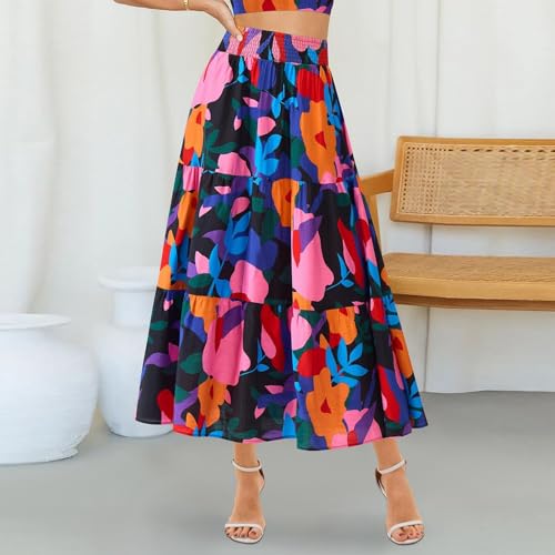 Long Skirts for Women Trendy Summer High Waisted Flowy Tiered Floral Maxi Skirts Casual A-Line Pleated Boho Skirt4