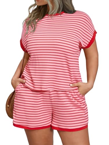 Image of Beautife Womens Plus Size Lounge Set 2 Piece Outfits Stripe Short Sleeve Shirts Tops Shorts Summer Casual Loungewear