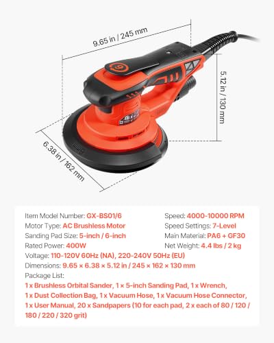 Image of VEVOR 5 & 6-Inch Random Orbital Sander 400W Brushless Orbital Sander, 4000-10000RPM 7 Speeds Electric Palm Sanders with 20PCS Sandpapers, Dust Bag & Vacuum Hose for Woodworking Detailing Sanding