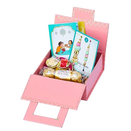 UtsaWe Rakhi Gift Box | Rakhi Hamper with Fancy Multi Color Bhaiya Bhabhi Rakhi, Roli, Chawal, Mini Thali Set, A Chocolate, And A Greeting Card (Multi Color Bead Couple Rakhi)