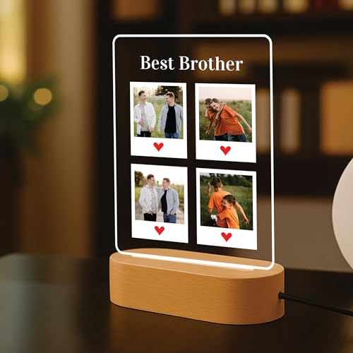 Image of Giftplease Personalized Photo Acrylic Night Light with Wooden LED Base - Custom Text Lamp for Bedroom Decor, Unique Birthday, Anniversary, Rakhi & Keepsake Gift for Brother, Friends