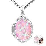 YAFEINI Silver Locket Necklace 925 Sterling Silver Pink Opal Photo Necklace Opal Locket Jewelry Memorial Gifts Jewellery For Women Mom Wife