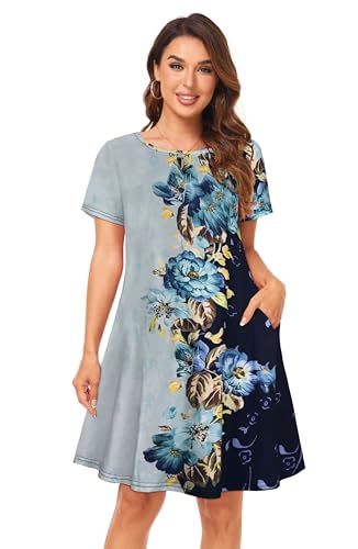 Image of Womens Summer Dresses Beach Casual Loose Tshirt Floral Short Sleeve Flowy Pockets Sundresses 2026