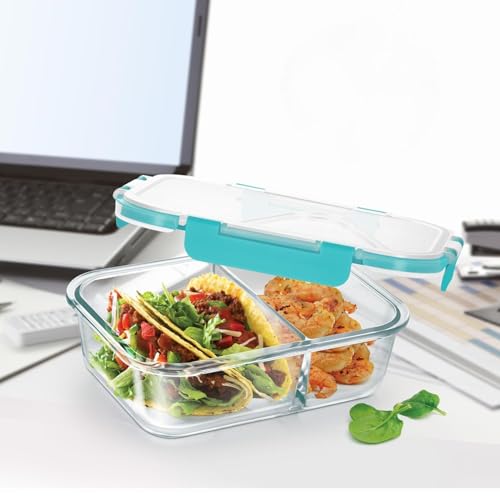 Image of Lunch Box Glass 2 Compartment | Lunch Box for Office Use with Airtight Locks | Microwave Safe Container with Partition | Glass Container wih Lid for Men,Women(1000ml)