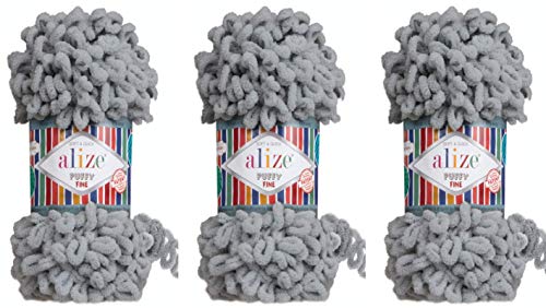 Alize Puffy Fine Yarn Lot of 3 Super Chunky Bulky Worested Yarn (343-Coal Grey) - 100% Micropolyester - 48 Yards - 300g - Hand Knitting Yarn