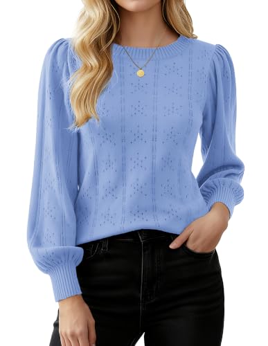 Image of GRACE KARIN Fall Sweaters for Women 2026 Puff Long Sleeve Crewneck Dressy Casual Tops Crochet Hollow Out Cute Pullover Blouse