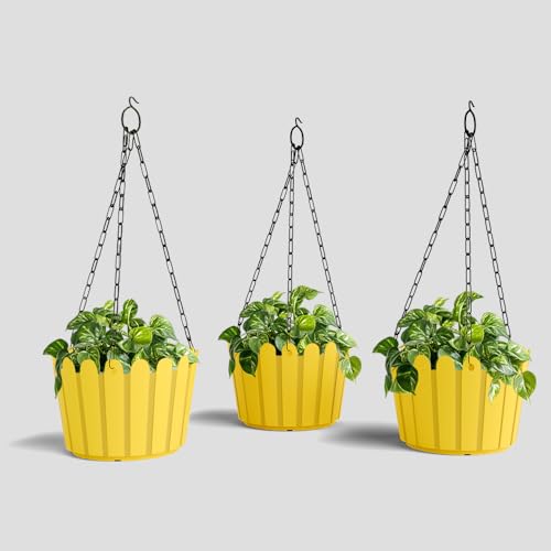 Image of YUCCABE ITALIA SHERA Hanging Fence 8 INCH Planter Pot Plastic Flower Hanging Pots for Home Decoration Sutiable for Indoor and Outdoor (Yellow, Pack of 3)