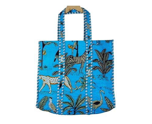 Image of Quilted Cotton Hand printed Reversible Large multicolor cotton Tote Bag,Indian Handmade Block Printed Tote Bag Women Handbag