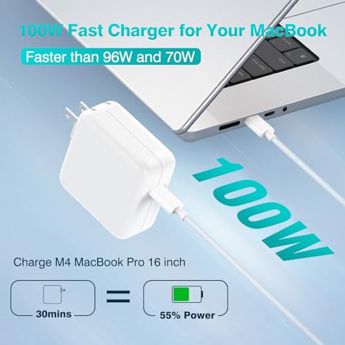 Image of Charger for MacBook Pro 16 14 inch MacBook Air 15 13 inch 2025 2024 2023 2022 2021 2020 2019 M4 M3 M2 M1, Super Compact 100W USB C Laptop Power Adapter, 6.6FT USB-C Braided Cable, Original Quality