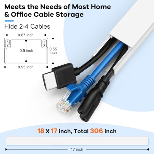 Image of 306in Cord Hider Kit, Cord Covers for Wires on Wall, Paintable Wire Cover for Cords, Cable Hider for Wall Mounted TV, White Cord Concealer, Cable Raceway Wire Management, 18x L17in x W0.95in x H0.55in