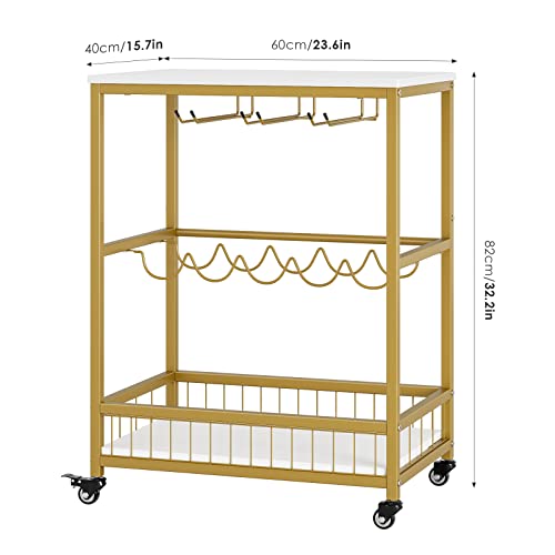 Hithos Industrial Bar Carts For The Home, Mobile Bar Serving Cart With Wine Rack And Glass Holder, Beverage Cart, Wine Cart On Wheels, Rolling Drink Trolley For Living Room, Kitchen, White Gold #TOP6
