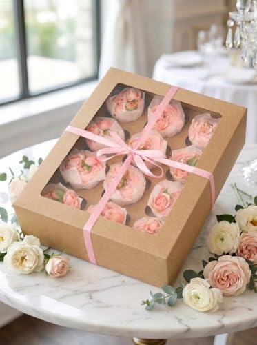 Image of Bakepacker Auto-pop up 12 Cupcake Containers 6-Packs Brown Cupcakes Carrier, 12 Cupcake Boxes with Window 13 inchx10 inchx3.5 inch