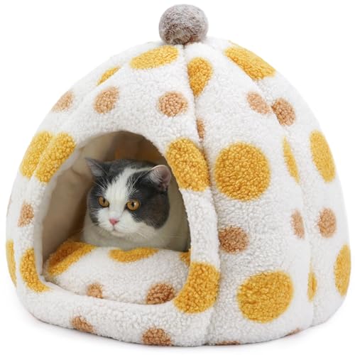 猫 ハウス 冬 ドーム型 保温防寒 あったか 超小型犬 猫用 ペットベッド 冬用 滑り止め 洗える ペットハウス (黄色, 45奥行き x 45幅 x 41高さ cm)
