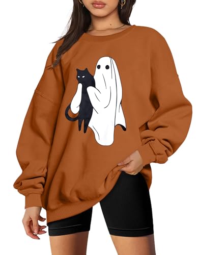 UNIQUEONE Halloween Spooky Season Sweatshirt Women: Black Cat Ghost Sweatshirts Oversized Fall Ghost Pullover