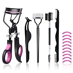 Eyelash Curlers Kit for Women w Lash Curler, Eyelash Comb Seperator, 3 in1 Mascara Brushes, Eyelash Extension Tweezers, Foldable Eyebrow Brush and Comb, 10 Silicone Refills Pads