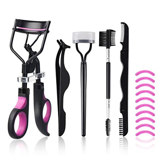 Eyelash Curlers Kit for Women w Lash Curler, Eyelash Comb Seperator, 3 in1 Mascara Brushes, Eyelash Extension Tweezers, Foldable Eyebrow Brush and Comb, 10 Silicone Refills Pads for Natural Eyelashes