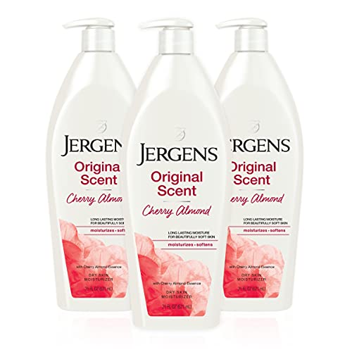 Image of Jergens Original Scent Dry Skin Body Lotion, Hand and Body Moisturizer, Cherry Almond Essence, Dermatologist Tested, 21 Oz, Pack of 3 | Fast-Absorbing Moisturizer, Vitamins E, C & B5, Softens Dry Skin, Dermatologist Tested, Cherry Almond Scent