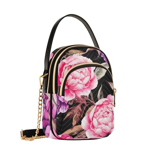 Watercolor Pink Purple Peonies over Shoulder Handbags Lady Cell Phone Purse Chain Strap Floral Print Zipper Bowler Tote Ladies Satchel, 5.9" × 8.3" × 3.1"2