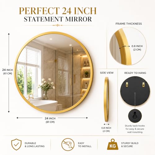 Image of The Arts Box 24 Inch Gold Round Mirror for Bathroom, Entryway & Vanity - Modern Wall Mounted Circle Mirror with Brushed Brass Metal Frame for Living Room, Bedroom, Wash Basin & Home Decor