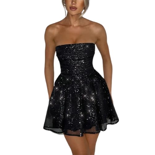 AIBEARTY Women's Sexy Glitter Off Shoulder Mini Dress Shiny Strapless Pleated A Line Dress for Party Club