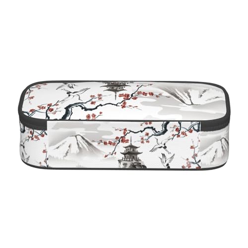 Image of Japanese Cherry Blossom And Fujiyama Ink Painting Large Pencil Case, Pencil Pouch With Zipper Compartments Stationery Pencil Bag For Kids Teens Students School Supplies