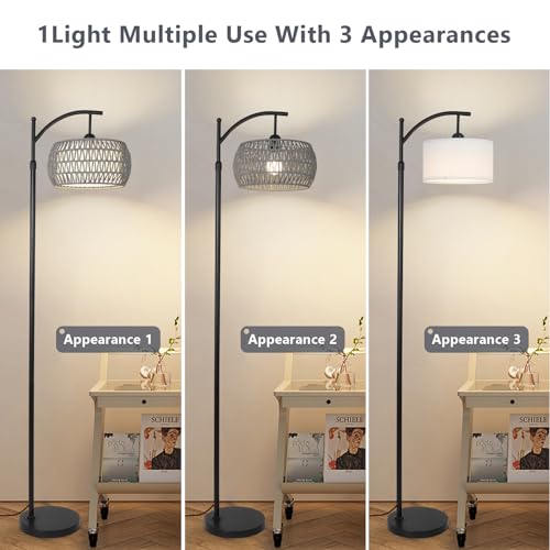 Image of Arc Floor Lamp for Bedroom, Boho Standing Lamp with Remote & LED Smart Bulb, Rattan Floor Lamps for Living Room with 3 Color Temperatures, Height Adjustable Corner Tall Lamp, Stand up Light for Office