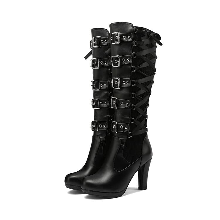 Womens Sexy Lace-Up Knee High Platform Boots Lace Goth Knee High Boots Punk Platform Tall Boots Buckle Rivet