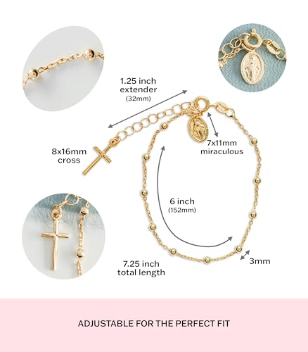 Image of Cherished Moments 14K Gold-Plated Rosary Bracelet First Communion or Confirmation Gift for Girls with Miraculous Medal and Cross Charm