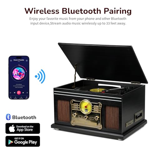 Image of FEKTIK Bluetooth Record Player 10 in 1,FEKTIK 3-Speed Turntable for Vinyl with Speakers, LP to MP3 Converter, CD, Cassette Player, FM Radio, Wireless Streaming | Black