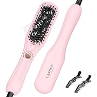 LANDOT Mini Hair Straightening Brush - Compact Heated Ionic Straightener Brush for Frizz-Free, Smooth Results, Lightweight Hot Comb & Travel Flat Iron Perfect for Medium Hair, Blush Pink