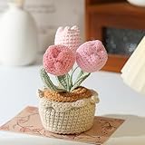 Lutoku Tulips Crochet Flowers Potted Plants, Three Tulips in One Artificial Flower, Knitted Flowers Desk Home Decor, Forever Tulips Gifts for Mother's Day, Valentine's, Thanksgiving (Pink)