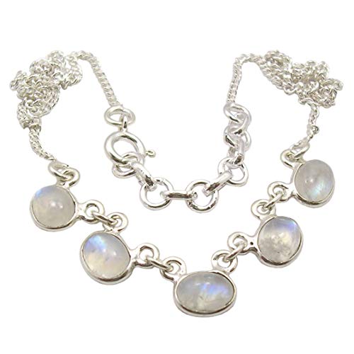 925 Solid Sterling Silver Cabochon Rainbow Moonstone Necklace 16.8