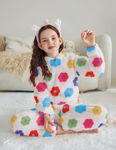 Image of Arshiner Girls 2 Piece Outfits Sweatsuit Fuzzy Long Sleeve Bear Ear Hoodie Sweatshirt and Sweatpant Kids Clothing Sets