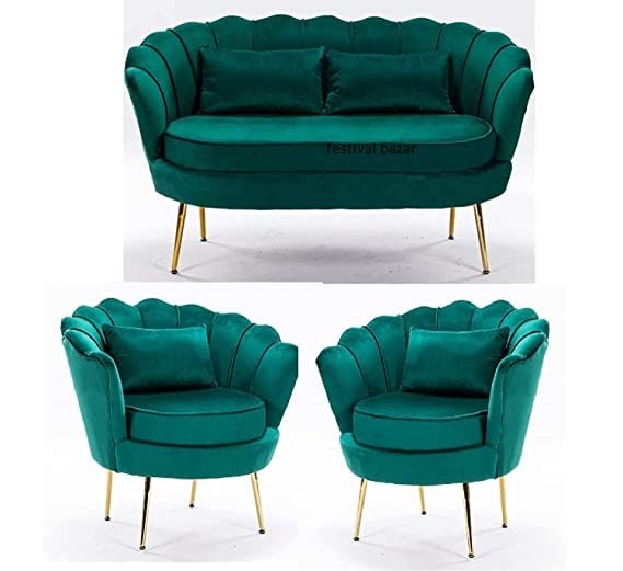 Image of Living Room Vintage Velvet Fabric Tub Armchairs with Metal Leg Armrests Lounge Comfortable Royal & Luxury (Dark Green, 2+1+1)