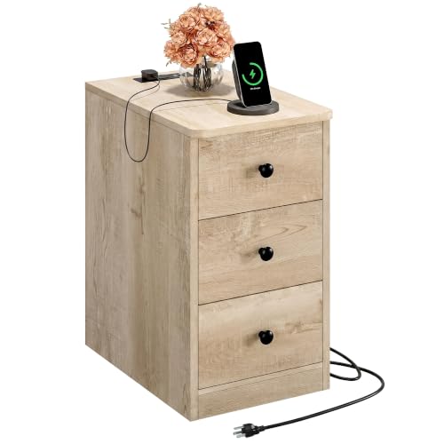 Image of LIKIMIO Nightstand with Charging Station, 3 Drawers Modern for Bedroom