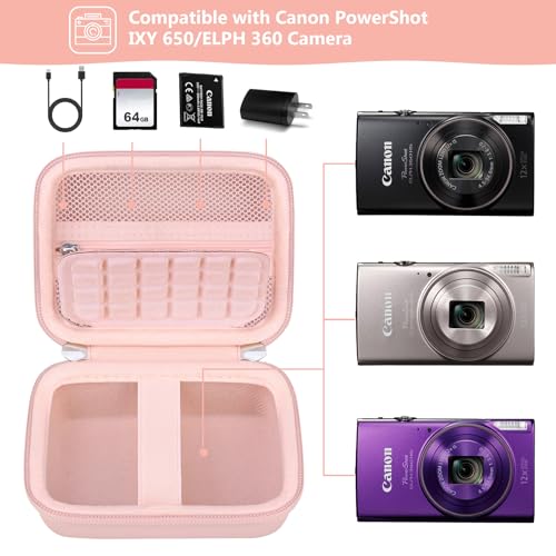 Image of Camera Case for Canon PowerShot ELPH 360 HS A, IXY 650 /ELPH 360 Camera Protective Case Storage Holder Travel Bag with Wrist Strap, Mesh Pocket for Battery Pack, USB Cable, Pink
