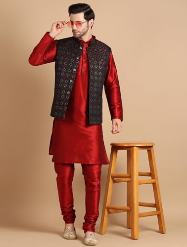 Image of men's Silk Blend Kurta Pejama & Waistcot Set