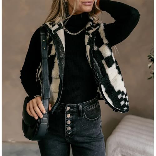 Ainangua Fuzzy Checkered Sherpa Fleece Vest for Women Sleeveless High Neck Zip Up Winter Jacket Cute Plaid Gilet with Pocket4