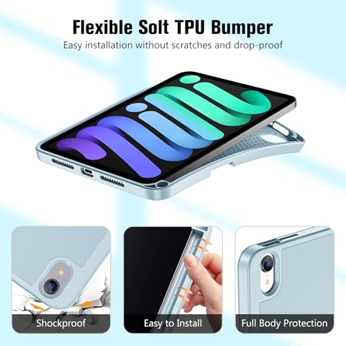 ProCase iPad Mini A17 Pro 第7世代 (2024発売) Mini6 第6世代 (2021発売) ケース 8.3インチ ペンホルダー付き オートスリープ/ウェイク機能 耐衝撃 三つ折りスタンド 適用機種：iPad Mini A17 Pro 第7世代 2024、iPad Mini 6世代 2021 - スカイブルー