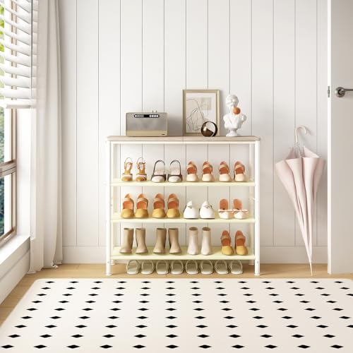 Image of INGIORDAR Shoe Rack Organizer 5 Tier Metal Organizer Shelf with Industrial MDF Board and Layer Fabric for Entryway Closet Bedroom Living Room Garage (White, 4 Tier)